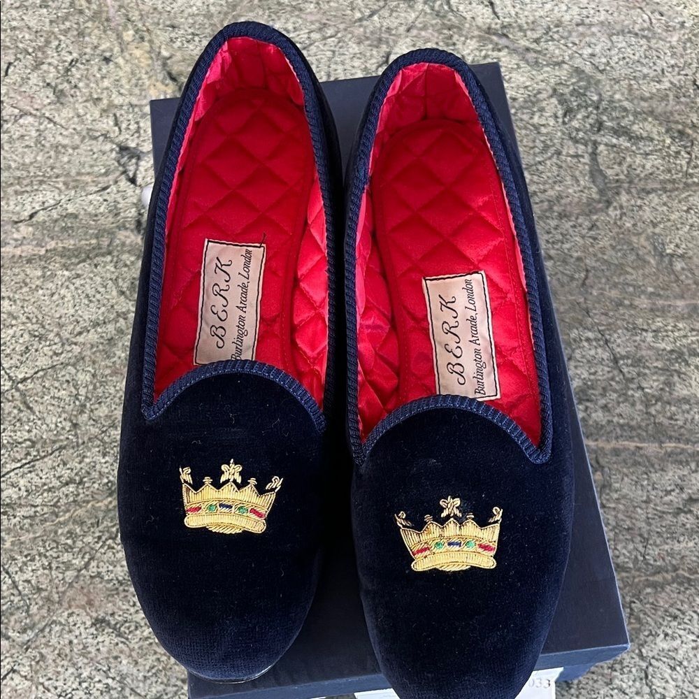 Vintage BERK Navy Velvet Loafers with Gold Embroidery 5 - Picture 2 of 7